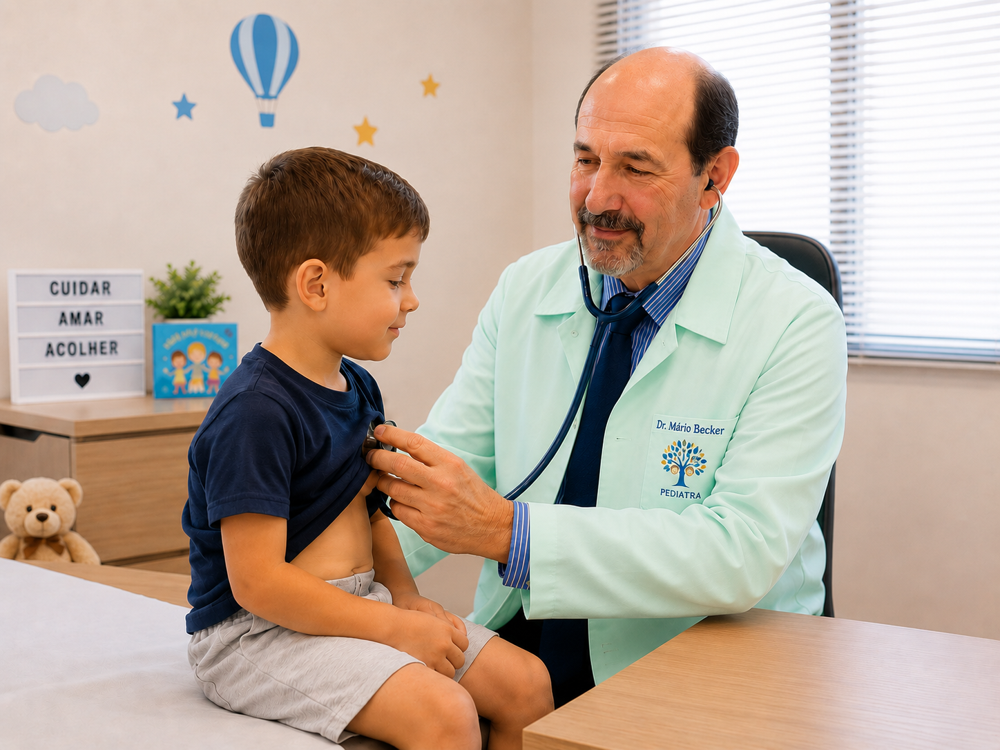Dr. Mario Becker examinando criança em consulta pediátrica